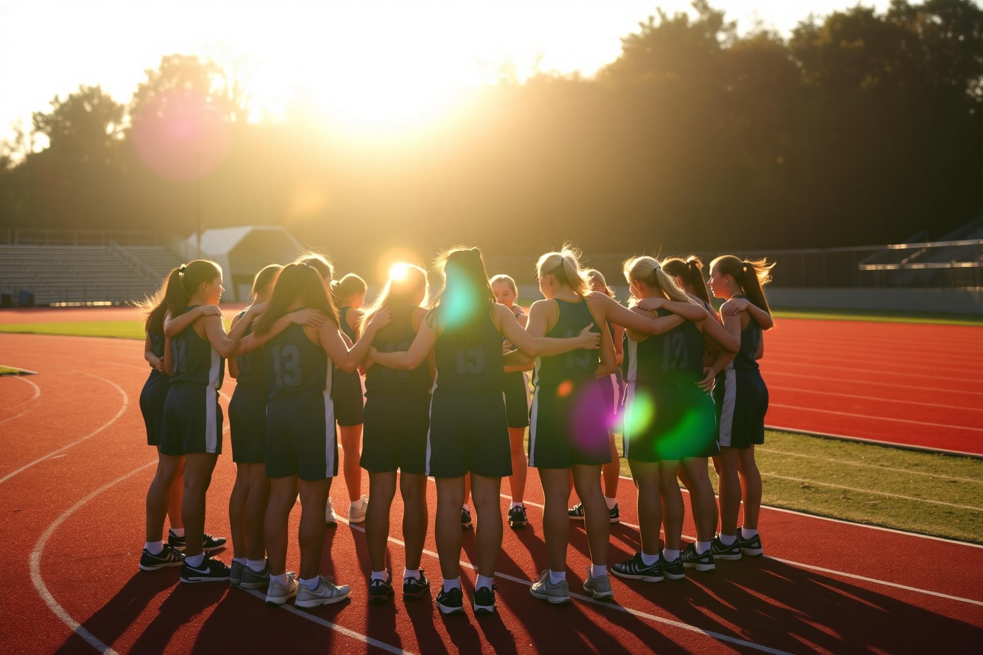 Lady Eagles huddled together at sunset practice